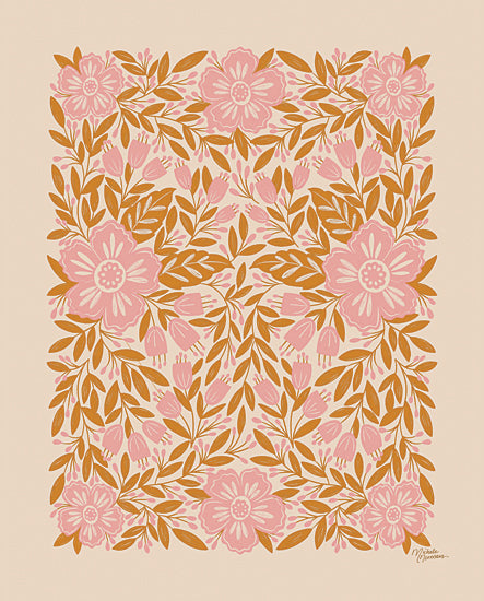 Michele Norman MN426 - MN426 - Twirling Blossoms - 12x16 floral pattern, pink and orange, symmetrical design, whimsical flowers, folk art, vintage inspired, michelle norman from Penny Lane