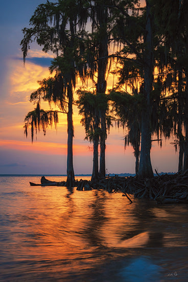 Martin Podt MPP1168 - MPP1168 - Sunset Serenity - 12x18 cypress trees, sunset on water, fiery reflection, golden sky, moss-draped trees, lake sunset, southern wetland from Penny Lane