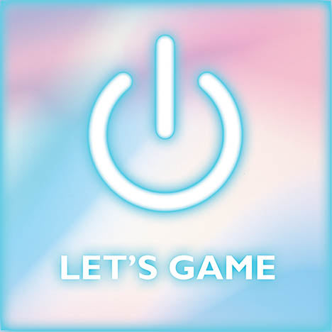 Masey St. Studios MS260 - MS260 - Let's Game - 12x12 let's game text, pastel neon glow, power button icon, gamer aesthetic, typographic design, futuristic gaming vibe from Penny Lane