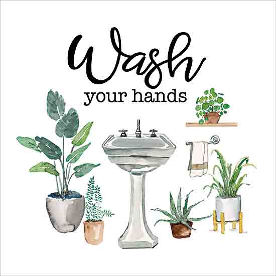 Masey St. Studios MS281 - MS281 - Wash Your Hands - 12x12 wash hands, hygiene, sink, bathroom, greenery, plants, hand towel, cleanliness, typography, inspirational quote from Penny Lane