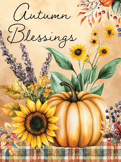 Nicole DeCamp ND930 - ND930 - Autumn Blessings - 12x16 autumn, blessings, handwritten script, sunflowers, pumpkin, plaid, watercolor, fall florals, seasonal greeting, lavender, rustic, thanksgiving, floral arrangement, botanical from Penny Lane