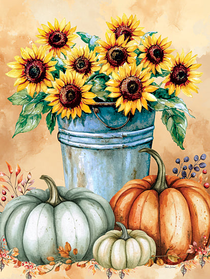 Nicole DeCamp ND931 - ND931 - Fall Finds - 12x16 sunflowers in metal bucket, green and orange pumpkins, watercolor, fall harvest, berries, floral arrangement, rustic display, thanksgiving decor, fall colors, autumn leaves from Penny Lane