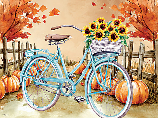 Nicole DeCamp ND932 - ND932 - Autumn Ride - 16x12 vintage teal bicycle, basket of sunflowers, pumpkins, autumn background, wooden fence, fall leaves, scenic countryside, seasonal decor, rural path, watercolor from Penny Lane