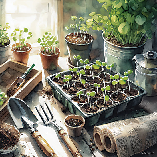 Nicole DeCamp ND936 - ND936 - Seedlings - 12x12 seedlings, gardening tools, pots, watering can, sunlit window, indoor gardening, young plants, fresh greenery, newspaper, spring planting, home gardening from Penny Lane