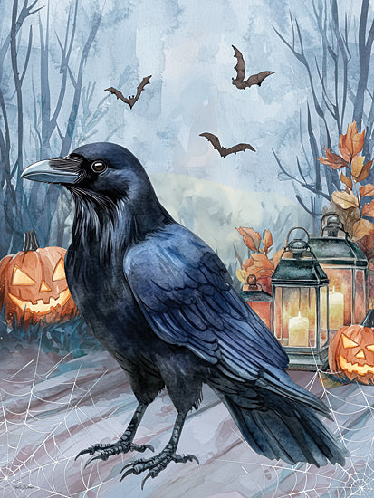 Nicole DeCamp ND960 - ND960 - Black Halloween Crow - 12x16 crow, raven, spooky forest, Halloween, jack-o-lanterns, lanterns, bats, spider webs, mysterious, autumn theme from Penny Lane