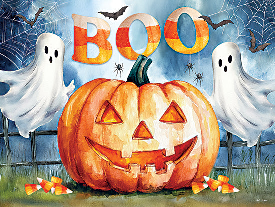 Nicole DeCamp ND961 - ND961 - Boo Jack-O-Lantern - 16x12 pumpkin, ghosts, Halloween candy, BOO text, bats, spooky background, spider webs, festive, watercolor Halloween art from Penny Lane
