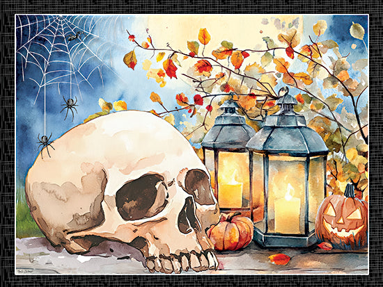 Nicole DeCamp ND962 - ND962 - Halloween Skull and Lantern - 16x12 skull, candles, pumpkins, spider web, autumn leaves, spooky scene, Halloween decor, lanterns, eerie, seasonal still life from Penny Lane