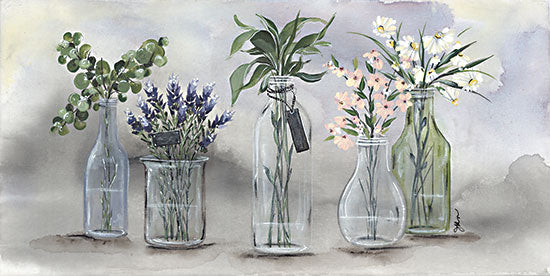 Julie Norkus NOR198 - NOR198 - Vintage Bottles - 24x12 eucalyptus, lavender, wildflowers, floral arrangement, beaker jars, farmhouse flowers, rustic style, neutral background from Penny Lane