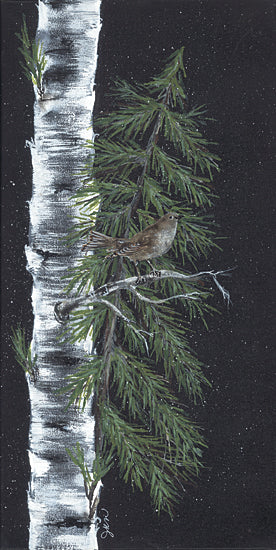 Julie Norkus NOR247 - NOR247 - Birch Bird - 10x20 birch tree, evergreen, brown bird, winter forest, night sky, snow, serene landscape, wildlife art from Penny Lane