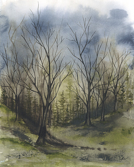 Julie Norkus NOR356 - NOR356 - Fall Afternoon - 12x16 bare trees, early spring forest, green woodland, watercolor painting, foggy sky, landscape illustration, seasonal change, layered forest from Penny Lane
