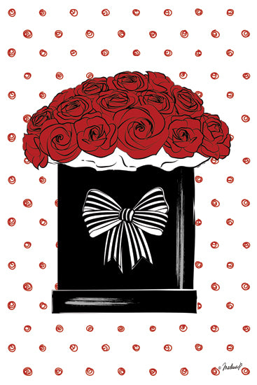 Martina Pavlova PAV577 - PAV577 - Red Roses    - 12x18 red roses, flower bouquet, gift box with bow, decorative ribbon, romantic flowers, valentine's day, floral arrangement, polka dot background, bold illustration, graphic art from Penny Lane