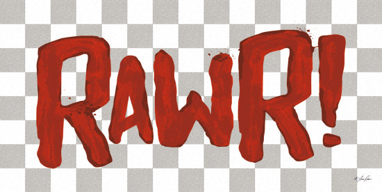 Lauren Rader RAD1474 - RAD1474 - Rawr! - 18x9 RAWR text, dinosaur roar, red paint letters, grunge style, checkered background, humorous dino expression, graphic typography, childlike fun art from Penny Lane