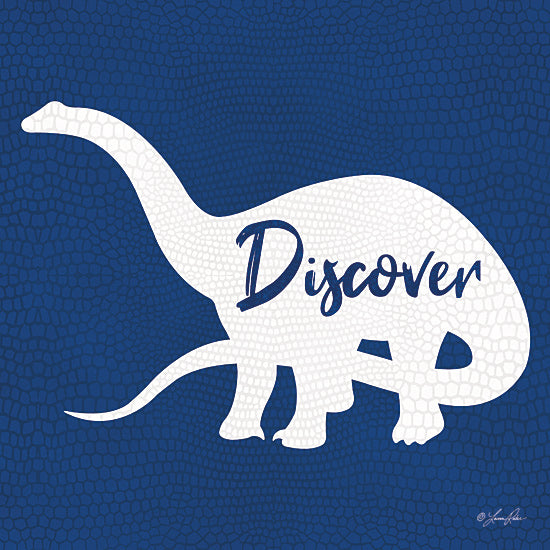 Lauren Rader RAD1476 - RAD1476 - Discover Dinosaur - 12x12 dinosaur silhouette, discover quote, brontosaurus graphic, blue background, motivational theme, kids room wall art, adventure inspiration from Penny Lane