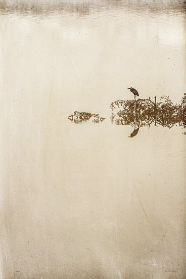 Jennifer Rigsby RIG226 - RIG226 - Be Still and Know - 12x18 Bird on branch, water reflection, sepia tone, minimal composition, serene nature, stillness, textured vintage style from Penny Lane