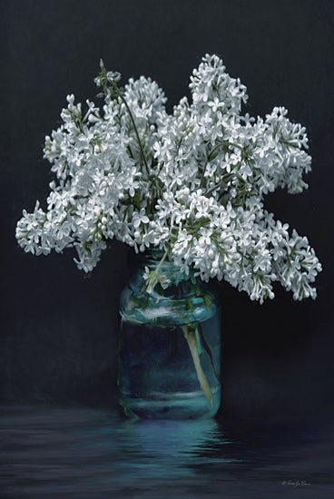 Robin-Lee Vieira RLV746 - RLV746 - Quenched I - 12x18 white lilacs, bouquet in jar, reflective water, floral still life, black background, photorealistic flowers, serene mood, soft lighting from Penny Lane