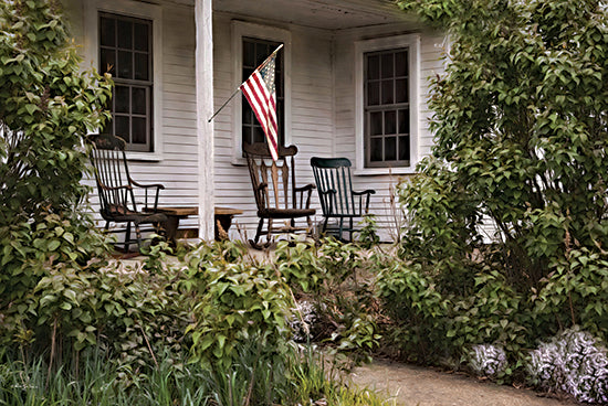 Robin-Lee Vieira RLV808 - RLV808 - Peaceful Porch - 18x12 country porch, rocking chairs, American flag, farmhouse setting, vintage Americana, green garden, patriotic front porch, rustic home exterior from Penny Lane