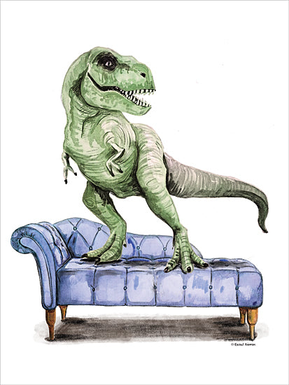 Rachel Nieman RN736 - RN736 - Chaise Lounge T-Rex    - 12x16 t-rex on couch, dinosaur artwork, humorous decor, playful dinosaur art, green tyrannosaurus, whimsical illustration, watercolor print, quirky character from Penny Lane