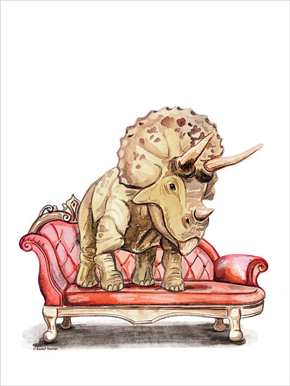 Rachel Nieman RN737 - RN737 - Chaise Lounge Triceratops    - 12x16 triceratops, dinosaur, red couch, surreal, whimsical, living room, prehistoric animal, funny, fantasy, illustration from Penny Lane