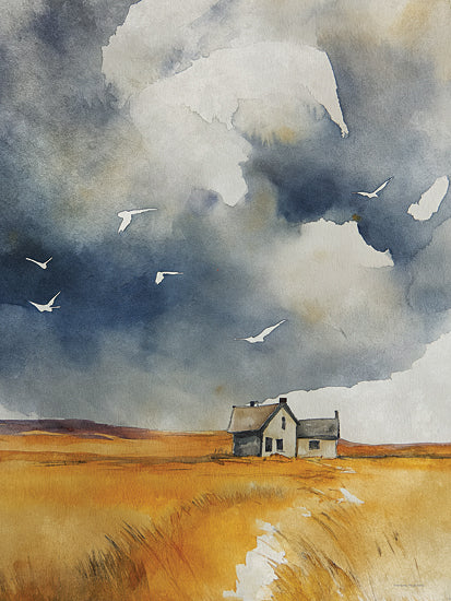 Svetlana Aleinikova SA289 - SA289 - Rolling Storm - 12x16 Stormy sky, cottage in field, golden grass, watercolor painting, solitude, flying birds, dramatic atmosphere from Penny Lane