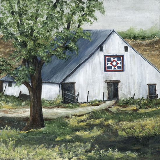 Soulspeak & Sawdust SAW179 - SAW179 - Patriotic Quilt Barn - 12x12 white barn, quilt block, spring setting, green field, rustic barn, farmhouse style, traditional barn art from Penny Lane