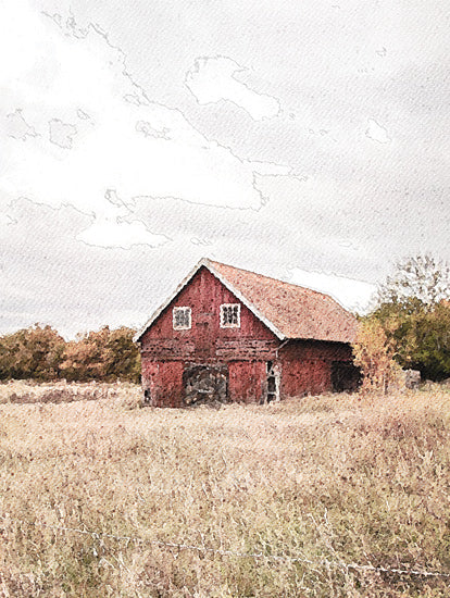 Susan Ball SB1428 - SB1428 - Barn in Meadow - 12x16 red barn, rustic field, autumn colors, watercolor landscape, rural scene, country charm, homestead depiction from Penny Lane