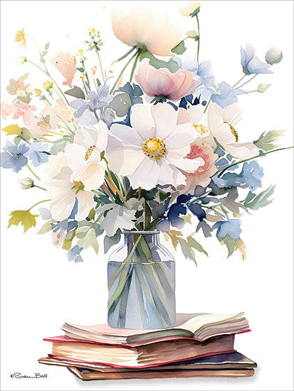 Susan Ball SB1535 - SB1535 - The Story in Bloom - 12x16 White daisies and pastel wildflowers, glass jar vase, stacked books, watercolor still life, country style decor from Penny Lane