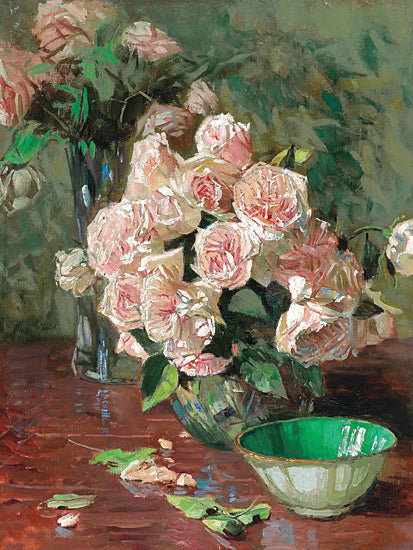 Stellar Design Studio SDS1552 - SDS1552 - Pink Roses Still Life    - 12x16 pink roses, floral arrangement, green ceramic bowl, still life flowers, vase of roses, vibrant greens, painterly style from Penny Lane