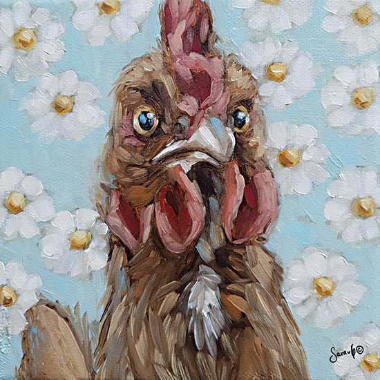 Sara G. Designs SGD119 - SGD119 - Just a Cluck Away 1 - 12x12 chicken portrait, daisy floral background, whimsical chicken art, expressive eyes, humorous farm animal painting from Penny Lane