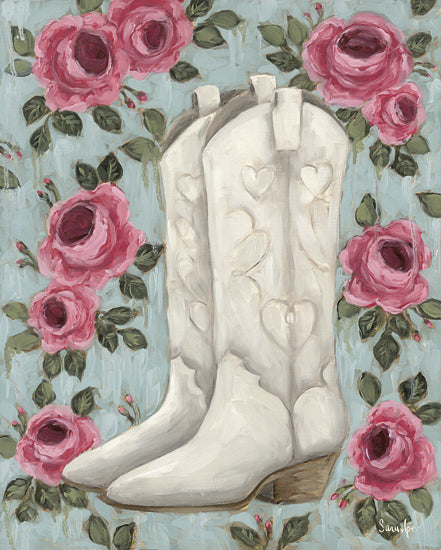 Sara G. Designs SGD342 - SGD342 - Western Charm - 12x16 white cowboy boots, floral background, heart design, western footwear, decorative pattern, mint green background, pink roses, country style from Penny Lane