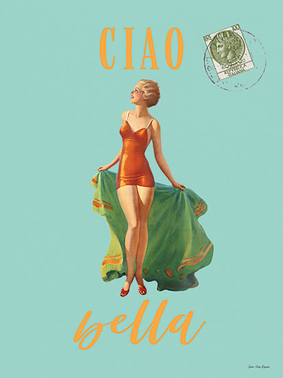 Seven Trees Design ST1215 - ST1215 - Ciao Bella Poster - 12x16 ciao bella, retro woman, vintage illustration, Italian stamp, green background, pin-up style, travel theme from Penny Lane