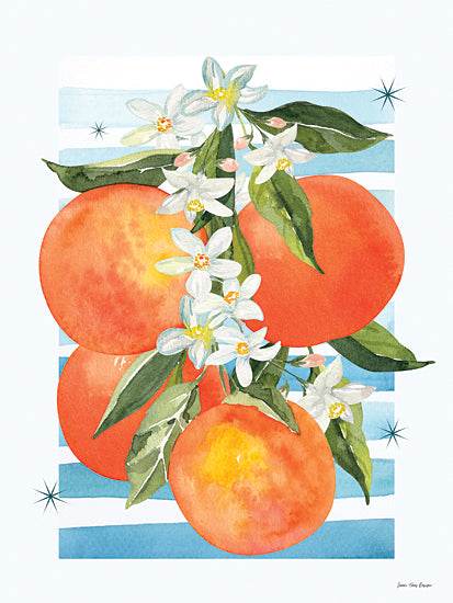 Seven Trees Design ST1217 - ST1217 - Citrus Grove Serenade - 12x16 watercolor, oranges, citrus, orange blossoms, green leaves, striped background, floral arrangement, fresh fruit from Penny Lane