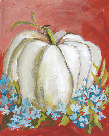 Amanda Hilburn AH189 - AH189 - Harvest Pumpkin - 12x16 Fall, Still Life, Pumpkin, White Pumpkin, Flowers, Blue Flowers, Orange Background from Penny Lane