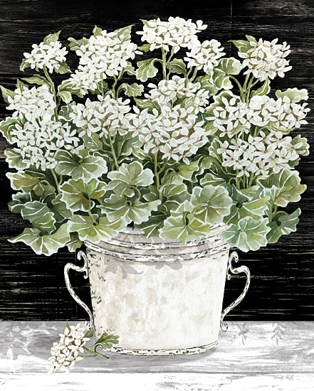 Cindy Jacobs CIN4120 - CIN4120 - Farmhouse Geraniums - 12x16 Flowers, Geraniums, White Geraniums, Greenery, Bouquet, Pail, Black Background, Cottage/Country from Penny Lane