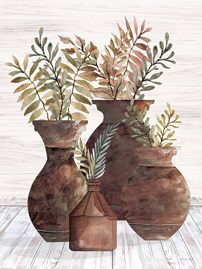 Cindy Jacobs CIN4276 - CIN4276 - Spiced Amber Clay Pots - 12x16 Still Life, Pots, Spiced Amber Clay Pots, Greenery, Four Pots, Wood Background from Penny Lane