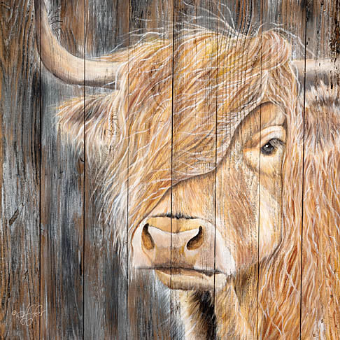 Diane Fifer DF124 - DF124 - A Windy Day on the Farm - 12x12 Cow, Highland Cow, Farm Animal, Wood Background, Portrait from Penny Lane