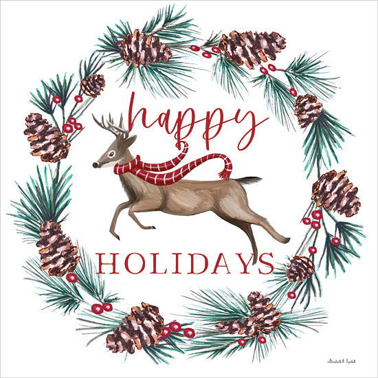 Elizabeth Tyndall ET378 - ET378 - Happy Holidays Reindeer - 12x12 Christmas, Holidays, Lodge, Reindeer, Evergreen Sprigs, Pinecones, Berries, Happy Holidays, Typography, Signs, Textual Art, Whimsical from Penny Lane