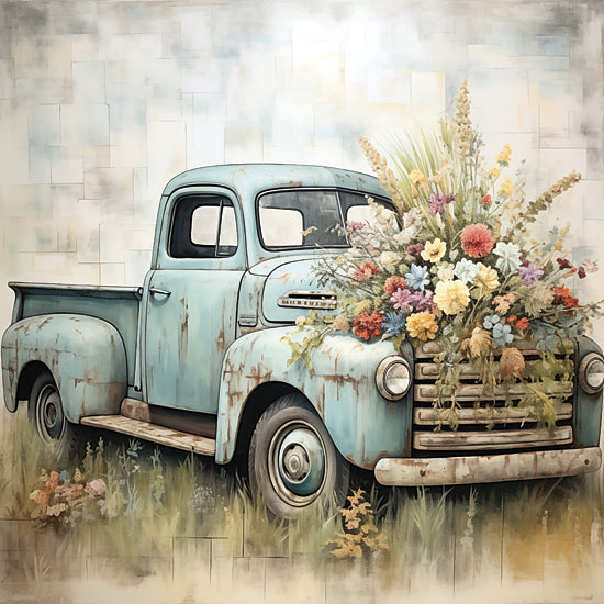 Heidi Kuntz HK313 - HK313 - Petals and Pistons    - 12x12 Truck, Light Blue Truck, Flowers, Bouquet, Greenery, Watercolor, Petals and Pistons, Farmhouse/Country from Penny Lane