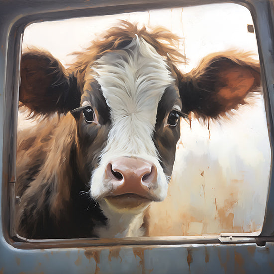 Heidi Kuntz HK318 - HK318 - Peeking In I  - 12x12 Cow, Brown Cow, Portrait, Truck Window, Peeking In, Whimsical from Penny Lane