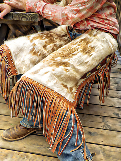 JG Studios JGS594 - JGS594 - Chaps - 12x16 Cowboy, Western, Chaps, Animal Skins, Leather Fringe, Man from Penny Lane