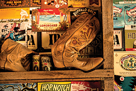 JG Studios JGS595 - JGS595 - Beer and Boots - 18x12 Still Life, Photography, Western Cowboy Boots, Beer Cans, Advertisement, Postcards, Shelves from Penny Lane