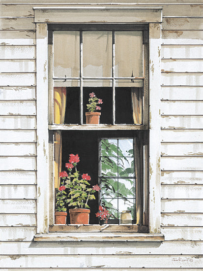 John Rossini JR425 - JR425 - Window Geraniums - 12x16 Still Life, Window, Open Window, Flowers, Geraniums, Red Geraniums, Clay Pots, Potted Geraniums from Penny Lane