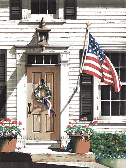 John Rossini JR426 - JR426 - The Start of Summer - 12x16 Patriotic, July 4th, Independence Day, House, Front Porch, American Flag, Flowers, Geraniums, Potted Geraniums, Summer from Penny Lane