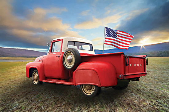 Lori Deiter LD3521 - LD3521 - Spacious Skies    - 18x12 Photography, Truck, Red Truck, Patriotic, American Flag, July 4th, Independence Day, Ford Truck, Landscape, Field, Sky, Clouds, Sunlight from Penny Lane