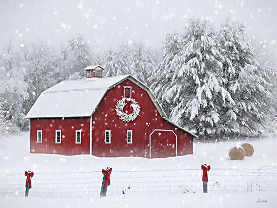 Lori Deiter LD3637 - LD3637 - Snow Country Christmas - 16x12 Photography, Christmas, Holidays, Farm, Barn, Red Barn, Winter, Snow, Hay Bales, Landscape, Snow, Fence, Red Ribbons from Penny Lane