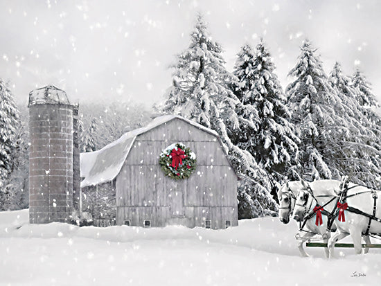 Lori Deiter LD3639 - LD3639 - Sleigh Ride on the Farm - 16x12 Photography, Christmas, Holidays, Farm, White Barn, Silo, Winter, Horses, Ribbons, Wreath, Snow, Trees, Landscape from Penny Lane