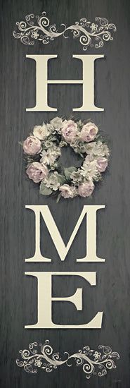 Lori Deiter LD3667 - LD3667 - Vintage Home Peony Wreath I Sign  - 12x36 Inspirational, Home, Typography, Signs, Textual Art, Wreath, Flowers, Peonies, Pink Peonies, Scrolls, Leaves, Spring, Brown Background from Penny Lane