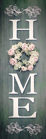 Lori Deiter LD3668 - LD3668 - Vintage Home Peony Wreath II Sign  - 12x36 Inspirational, Home, Typography, Signs, Textual Art, Wreath, Flowers, Peonies, Pink Peonies, Scrolls, Leaves, Spring, Green Background from Penny Lane