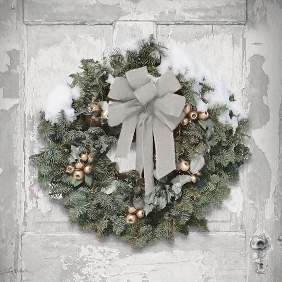 Lori Deiter LD3757 - LD3757 - Silver and Gold Wreath - 12x12 Christmas, Holiday, Photography, Wreath, Evergreen Wreath, Berries, Silver Ribbon, Winter, Snow, Peeling Paint, Door from Penny Lane