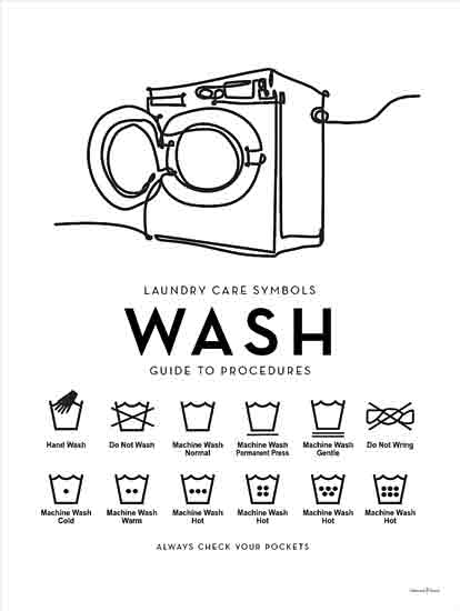 lettered & lined LET910 - LET910 - Wash Guide to Procedures - 12x16 Laundry, Laundry Room, Wash Guide to Procedures, Typography, Signs, Textual Art, Washing Machine, Laundry Rules, Laundry Care Symbols, Black & White from Penny Lane