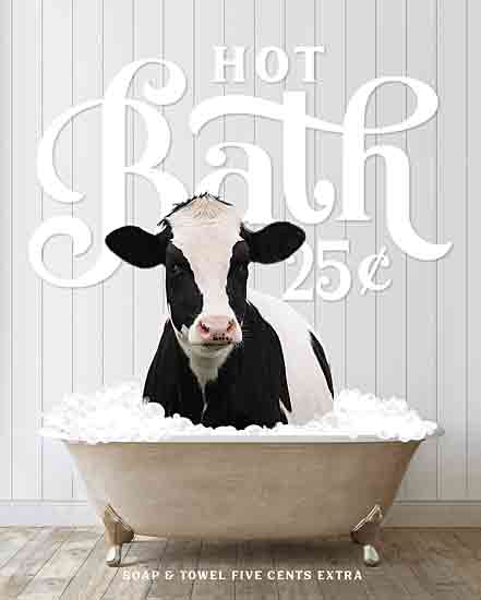 lettered & lined LET978 - LET978 - Cow Hot Bath - 12x16 Whimsical, Bath, Bathroom, Bathtub, Cow, Black & White Cow, Bubbles, Hot Bath 25 Cents Soap & Towel Five Cents Extra, Typography, Signs, Textual Art, Wood Planks from Penny Lane